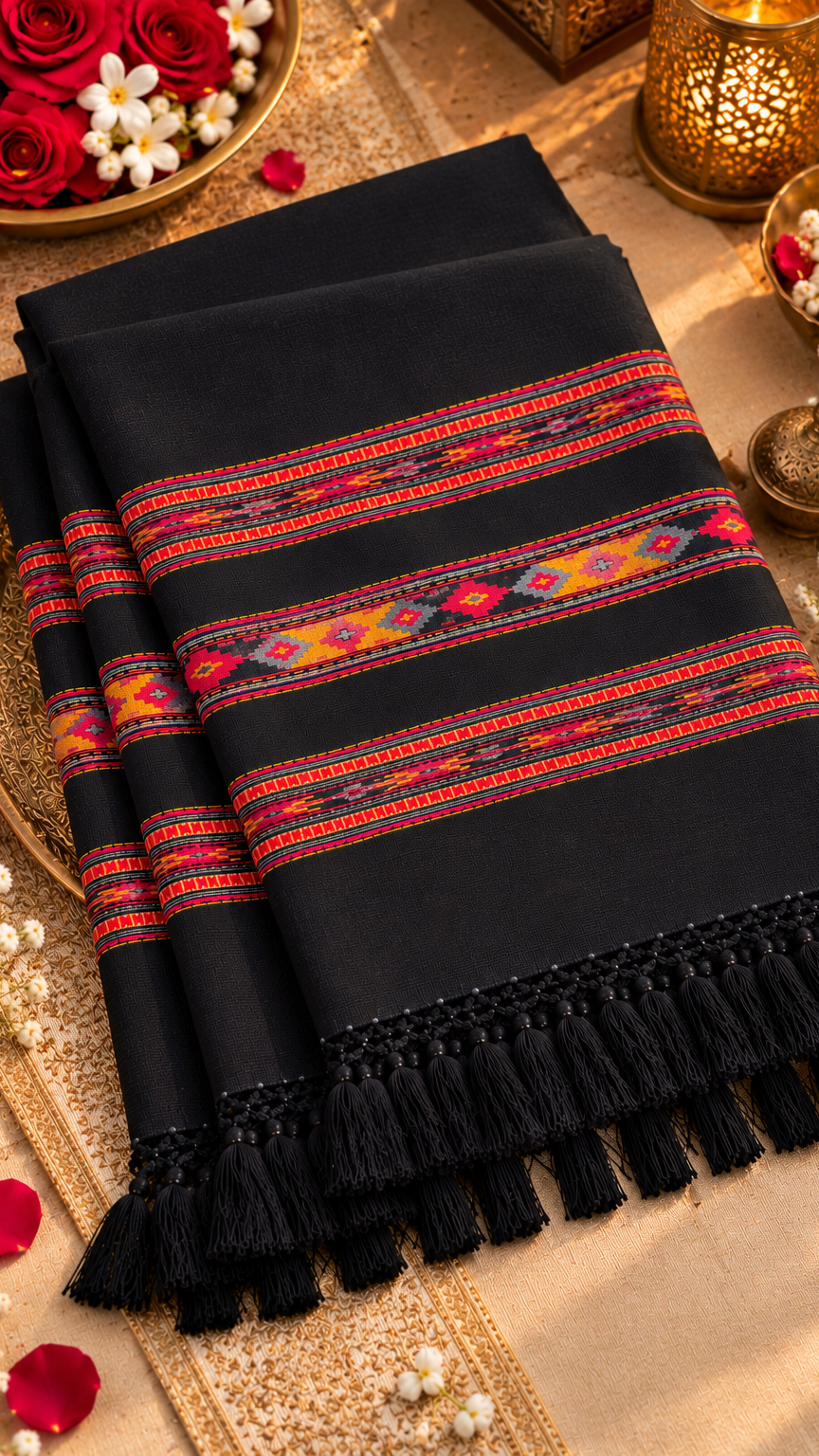 Kullu Border, Traditional, Ethnic, Warm Shawl | Black | REET by Bunaiganj