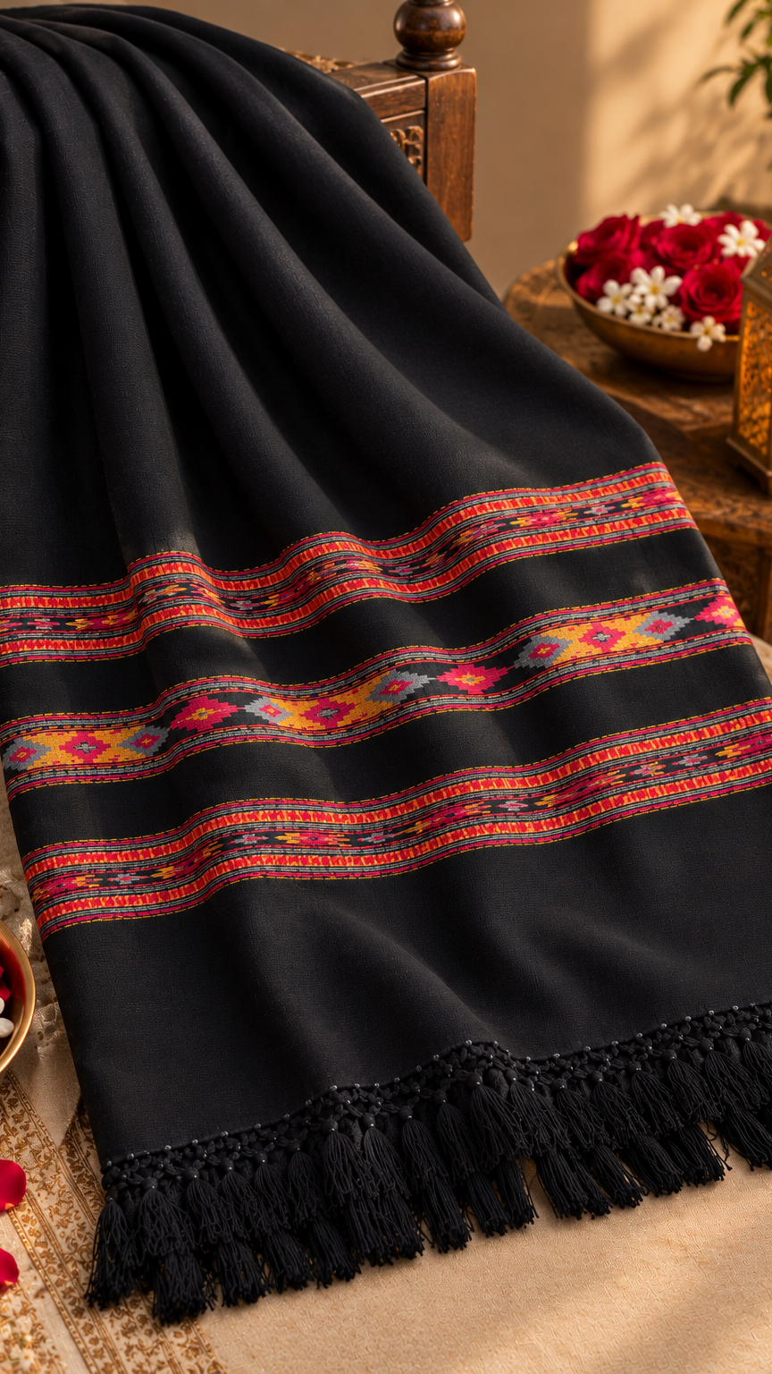 Kullu Border, Traditional, Ethnic, Warm Shawl | Black | REET by Bunaiganj