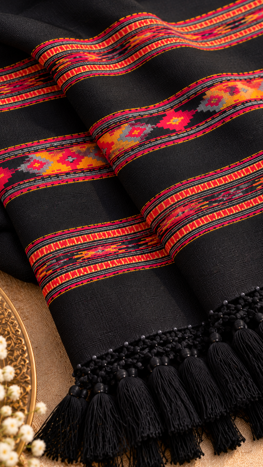 Kullu Border, Traditional, Ethnic, Warm Shawl | Black | REET by Bunaiganj