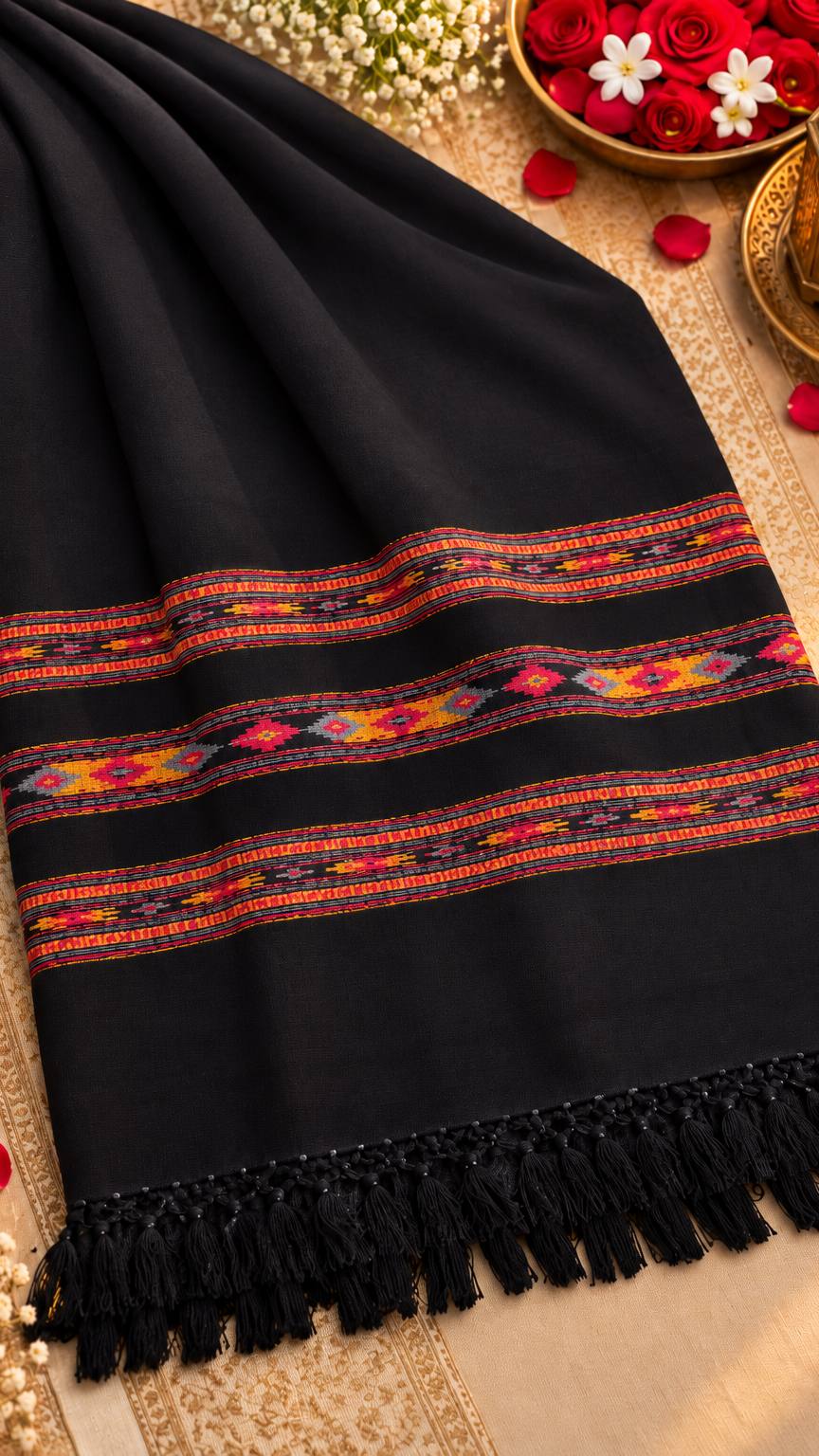 Kullu Border, Traditional, Ethnic, Warm Shawl | Black | REET by Bunaiganj