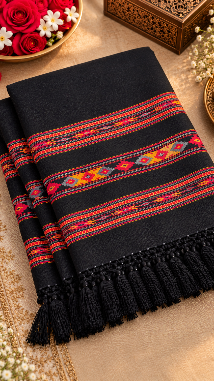 Kullu Border, Traditional, Ethnic, Warm Shawl | Black | REET by Bunaiganj