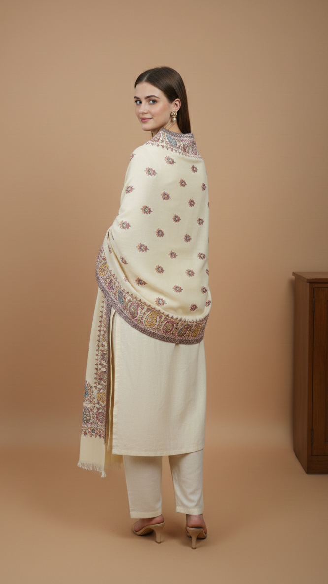 Woman wearing a cream kurta with a matching dupatta on a beige background