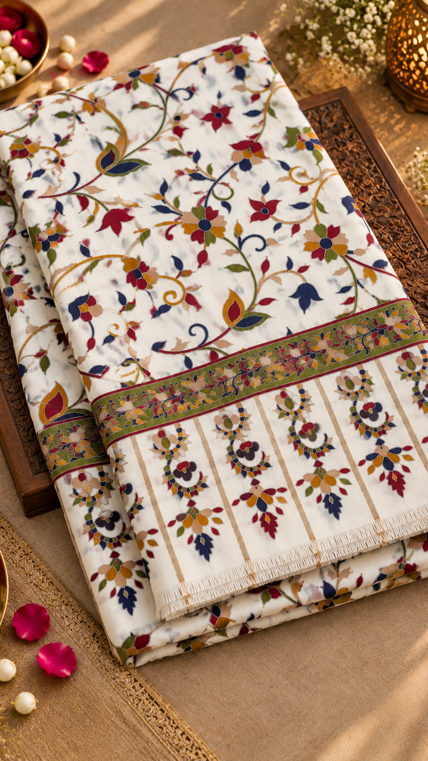 Kalamkari, Traditional, Floral, Wedding Collection Stole | Off White | REET by Bunaiganj