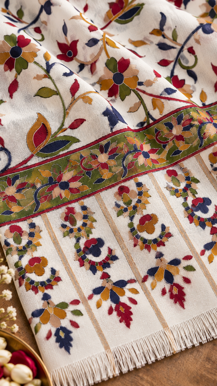 Kalamkari, Traditional, Floral, Wedding Collection Stole | Off White | REET by Bunaiganj