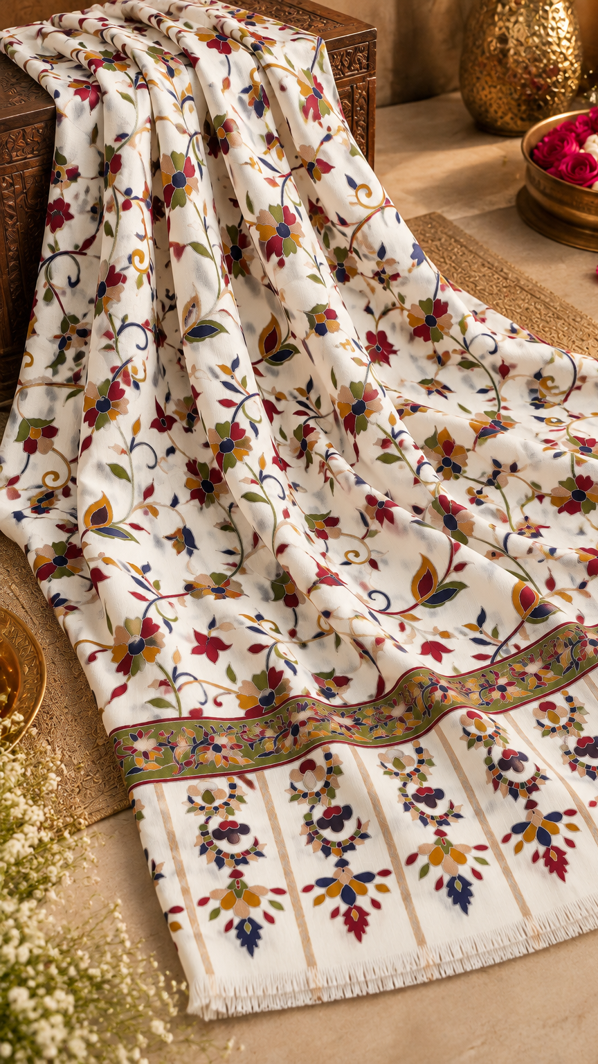 Kalamkari, Traditional, Floral, Wedding Collection Stole | Off White | REET by Bunaiganj