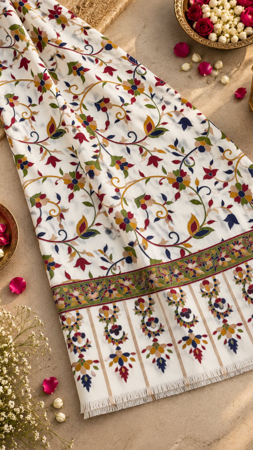 Kalamkari, Traditional, Floral, Wedding Collection Stole | Off White | REET by Bunaiganj