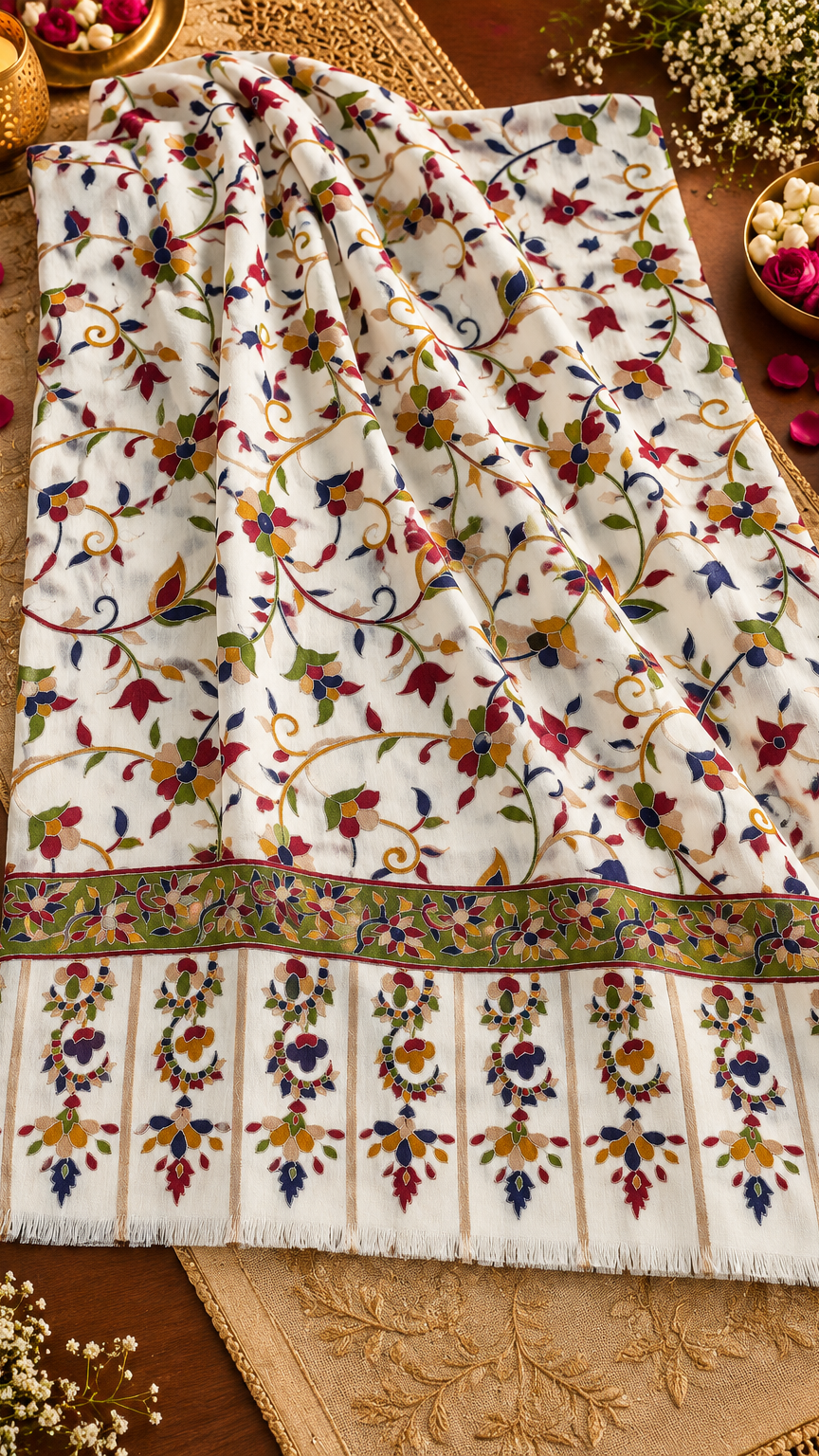 Kalamkari, Traditional, Floral, Wedding Collection Stole | Off White | REET by Bunaiganj