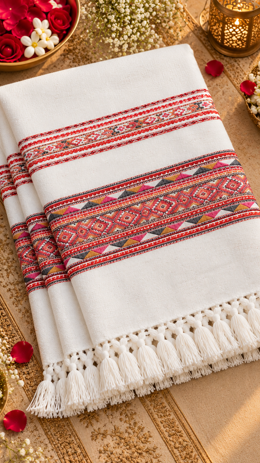 Kullu Border, Traditional, Ethnic, Warm Shawl | White | REET by Bunaiganj