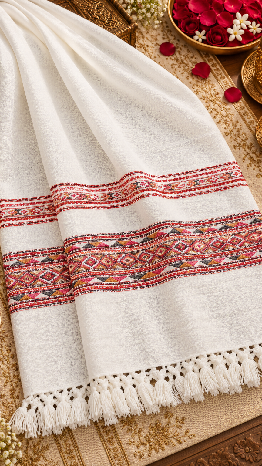 Kullu Border, Traditional, Ethnic, Warm Shawl | White | REET by Bunaiganj