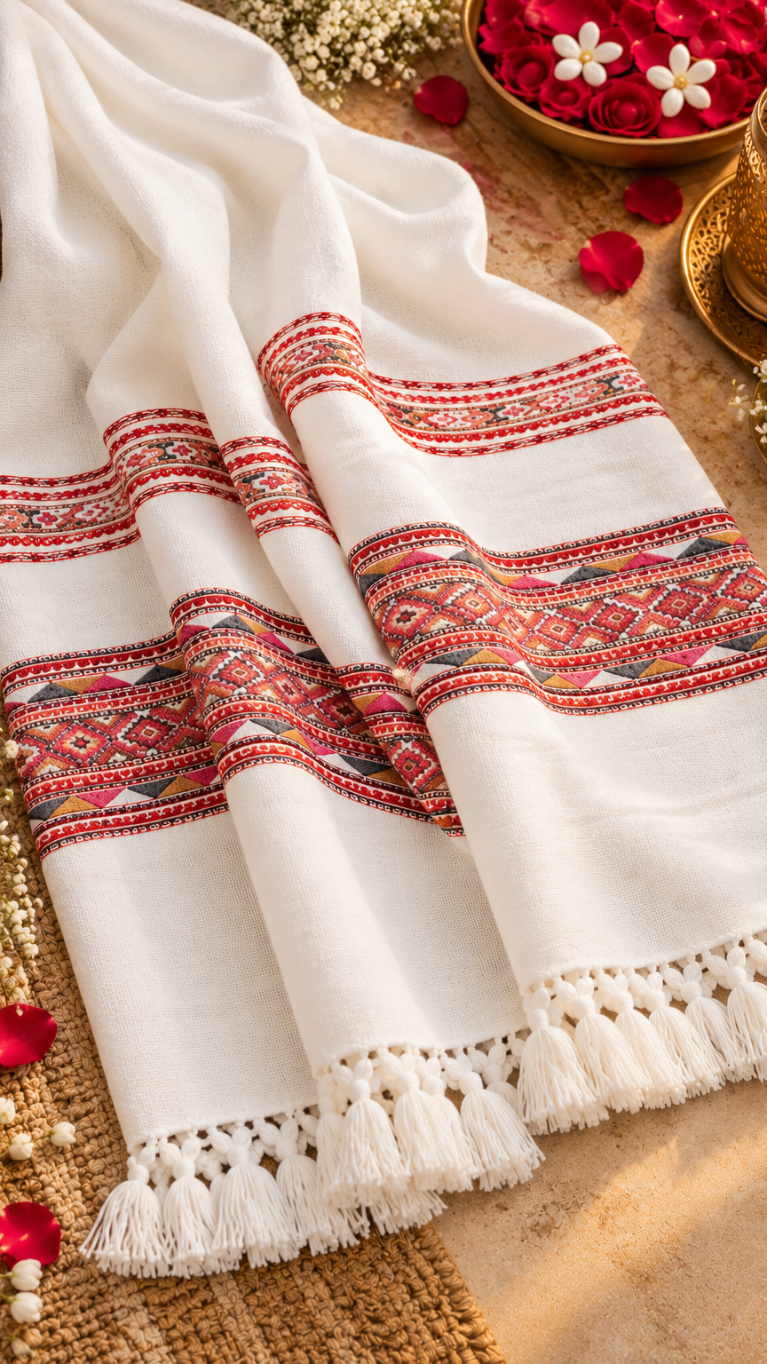 Kullu Border, Traditional, Ethnic, Warm Shawl | White | REET by Bunaiganj