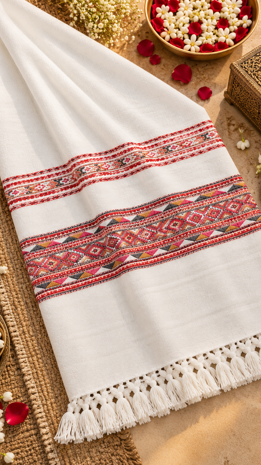 Kullu Border, Traditional, Ethnic, Warm Shawl | White | REET by Bunaiganj