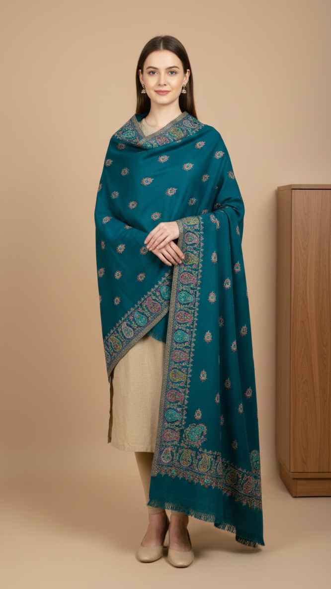 Woman wearing a teal patterned shawl over a beige outfit on a beige background