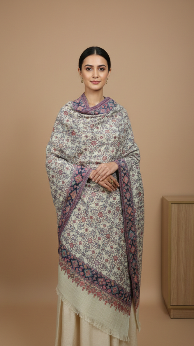 Woman wearing a floral shawl against a beige background