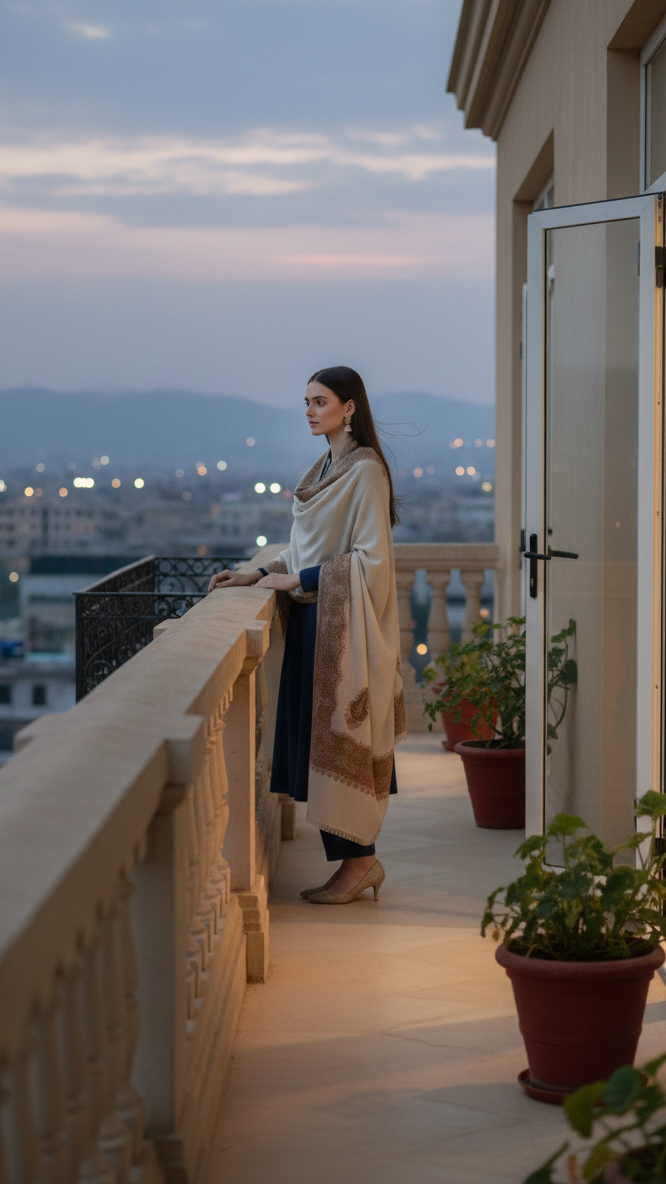 Woman standing on a balcony overlooking a cityscape at dusk.