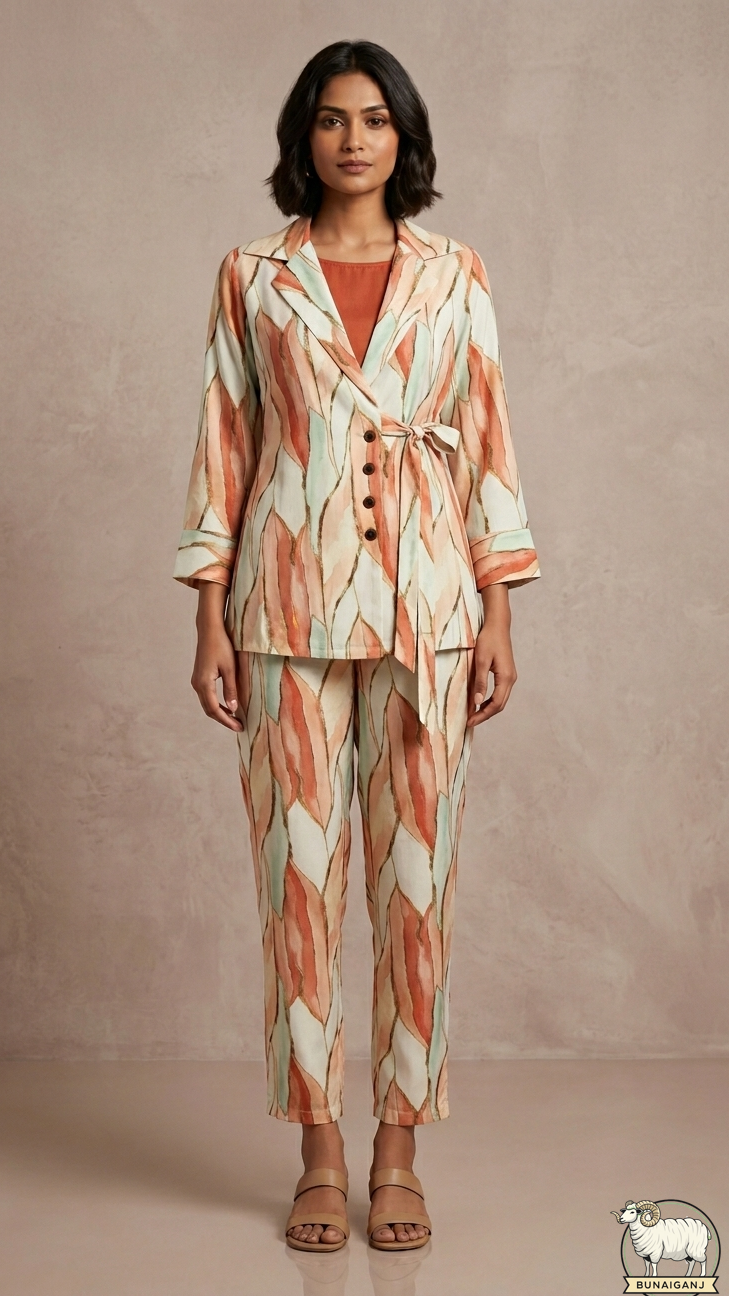 Woman wearing a patterned suit against a plain background