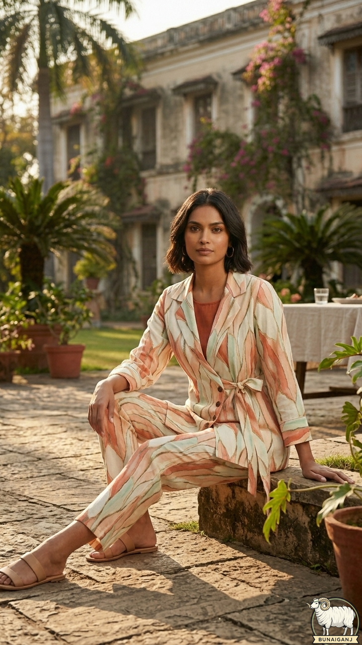 Woman in a patterned outfit sitting outdoors with a building and plants in the background