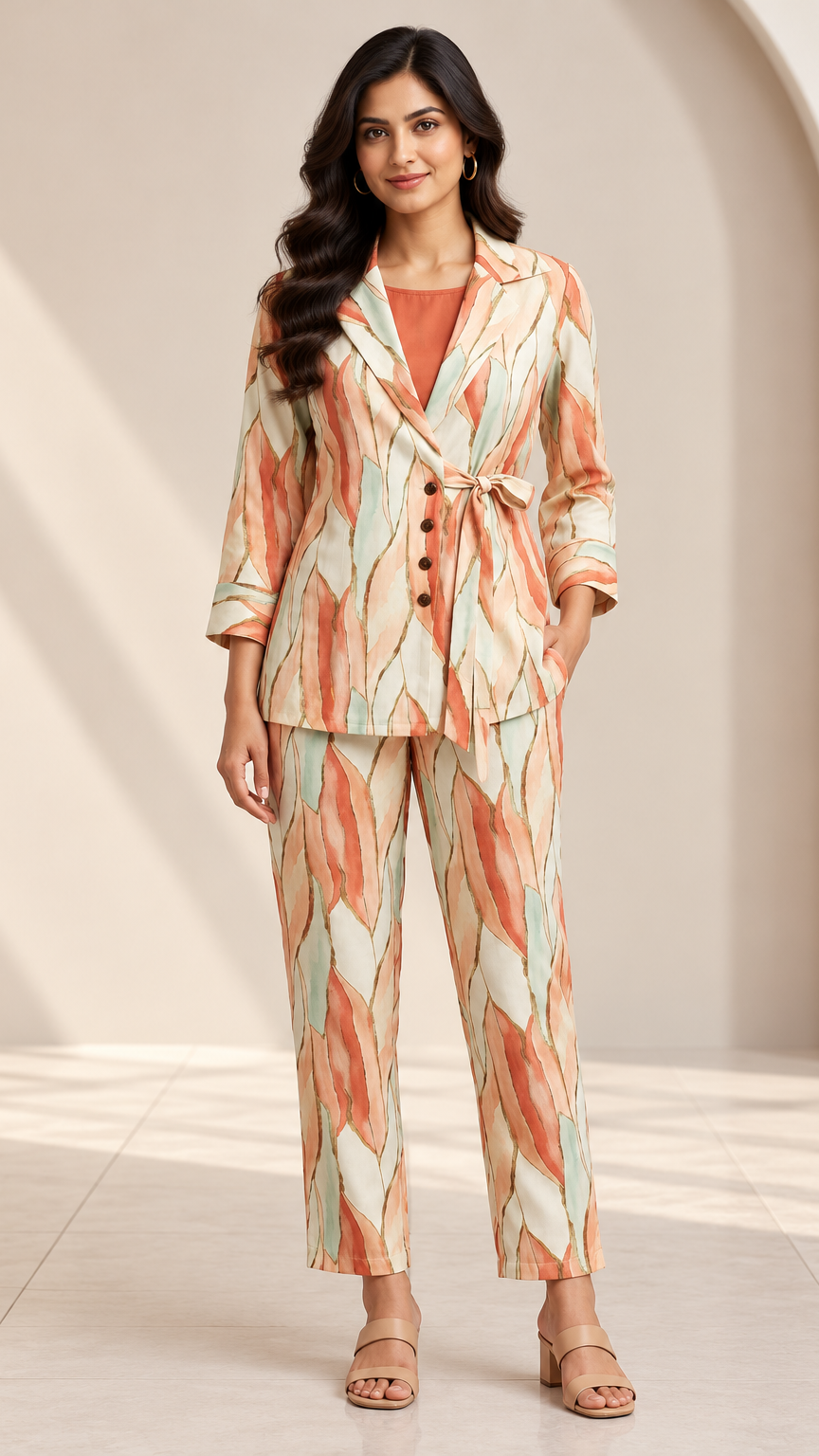 A woman models a matching two-piece suit set featuring a beige base with a colorful abstract brushstroke pattern in orange, pink, and light green. The set includes a long-sleeve blazer with a tie waist and matching cropped trousers, styled with a rust-orange top underneath and beige sandals.