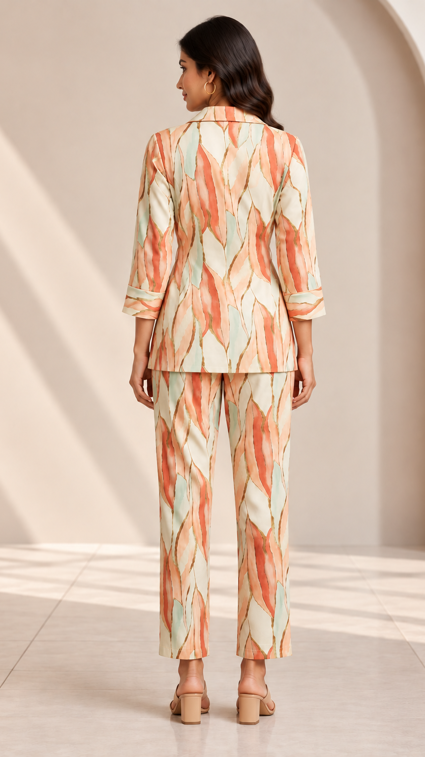 A woman viewed from the back wearing a matching two-piece suit with a peach, orange, and cream abstract leaf pattern, standing in a minimalist beige interior with soft architectural shadows.