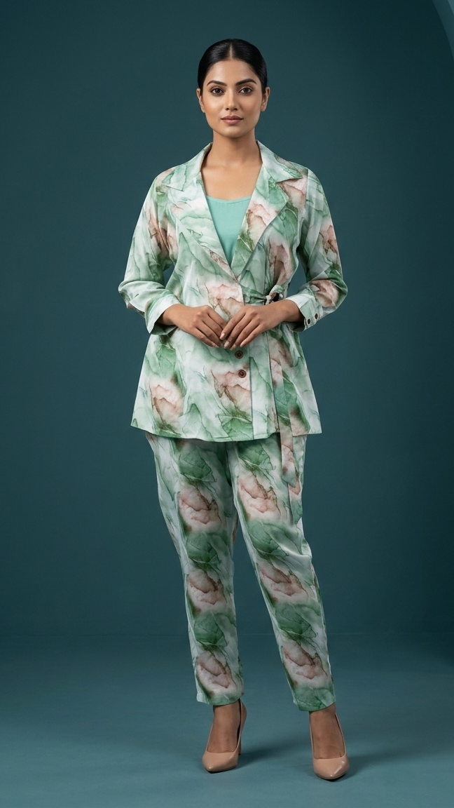 Woman wearing a floral suit against a blue background