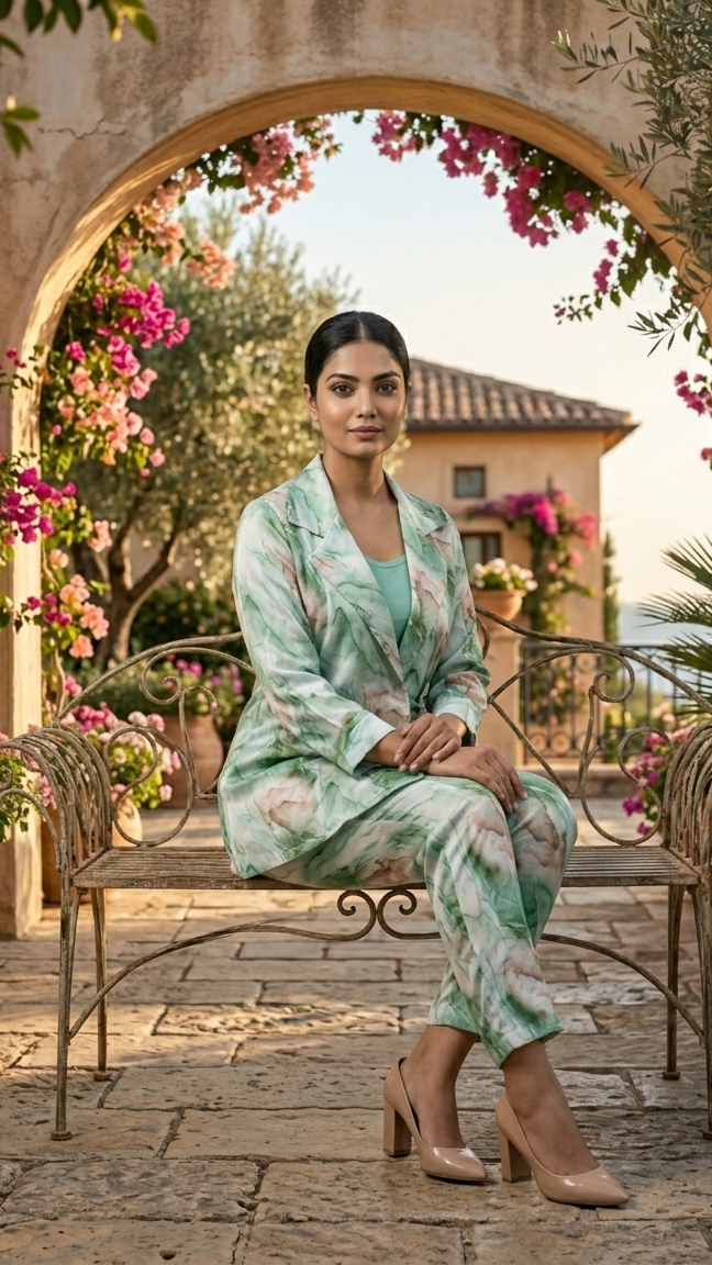 Woman in a floral outfit sitting under an archway with flowers in a garden setting