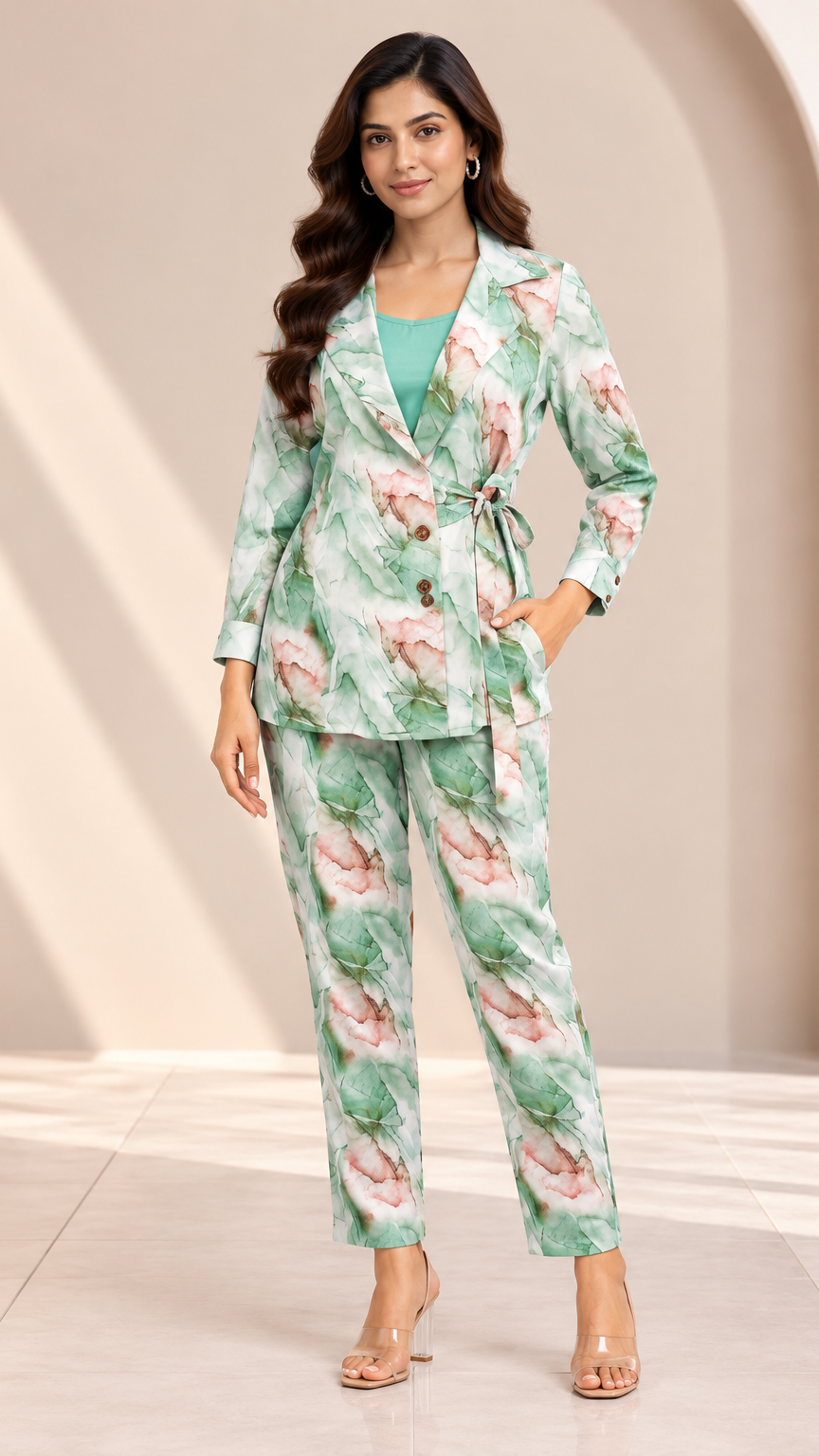 A woman models a light green two-piece suit with a pink and green floral print, featuring a long-sleeve blazer with a tie waist and matching cropped trousers, set against a warm beige arched studio backdrop.