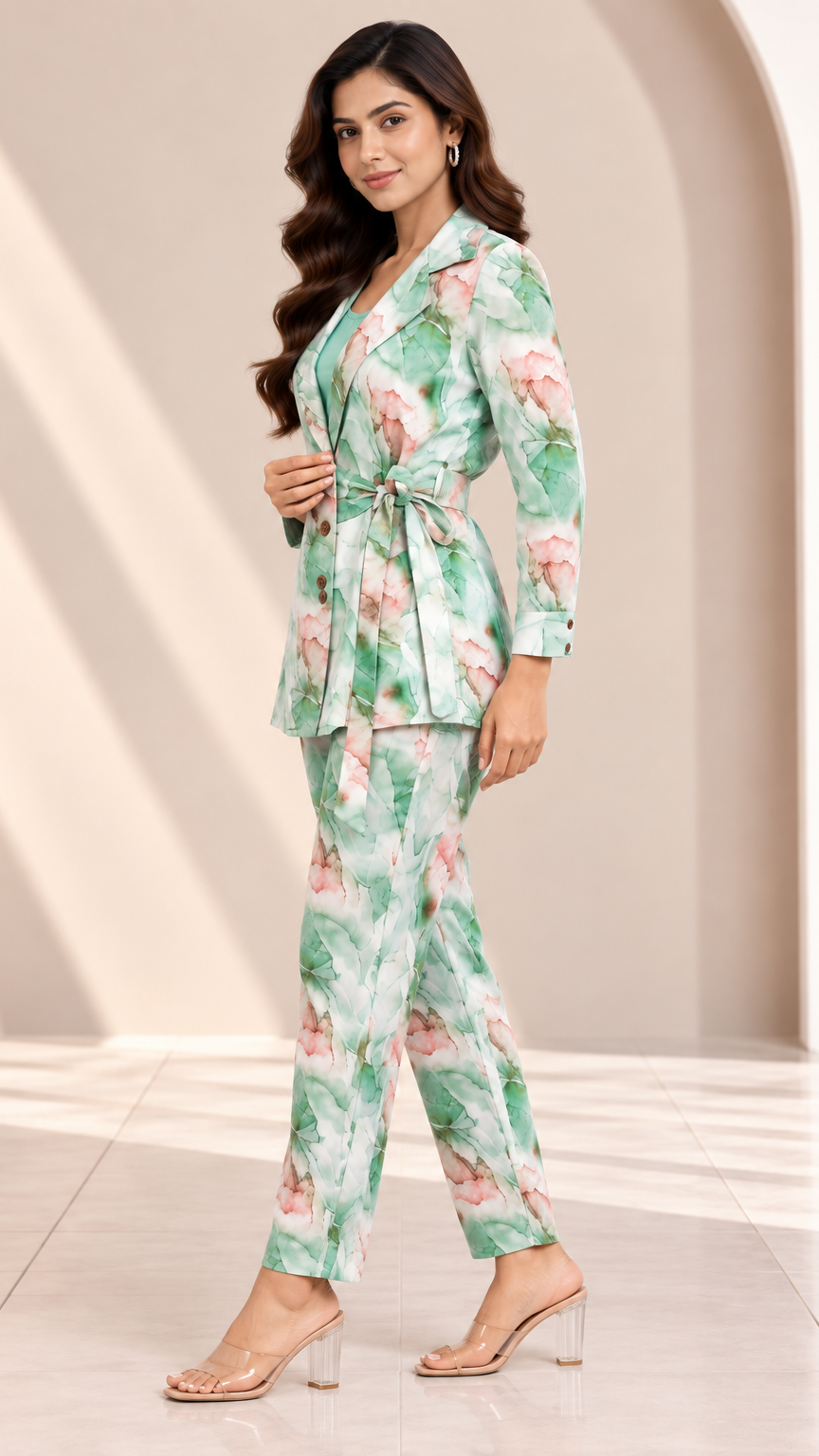 A woman models a light green two-piece matching set with a pink floral print, featuring a belted blazer and trousers, styled with clear high-heeled sandals in a brightly lit indoor setting with arched architectural details.