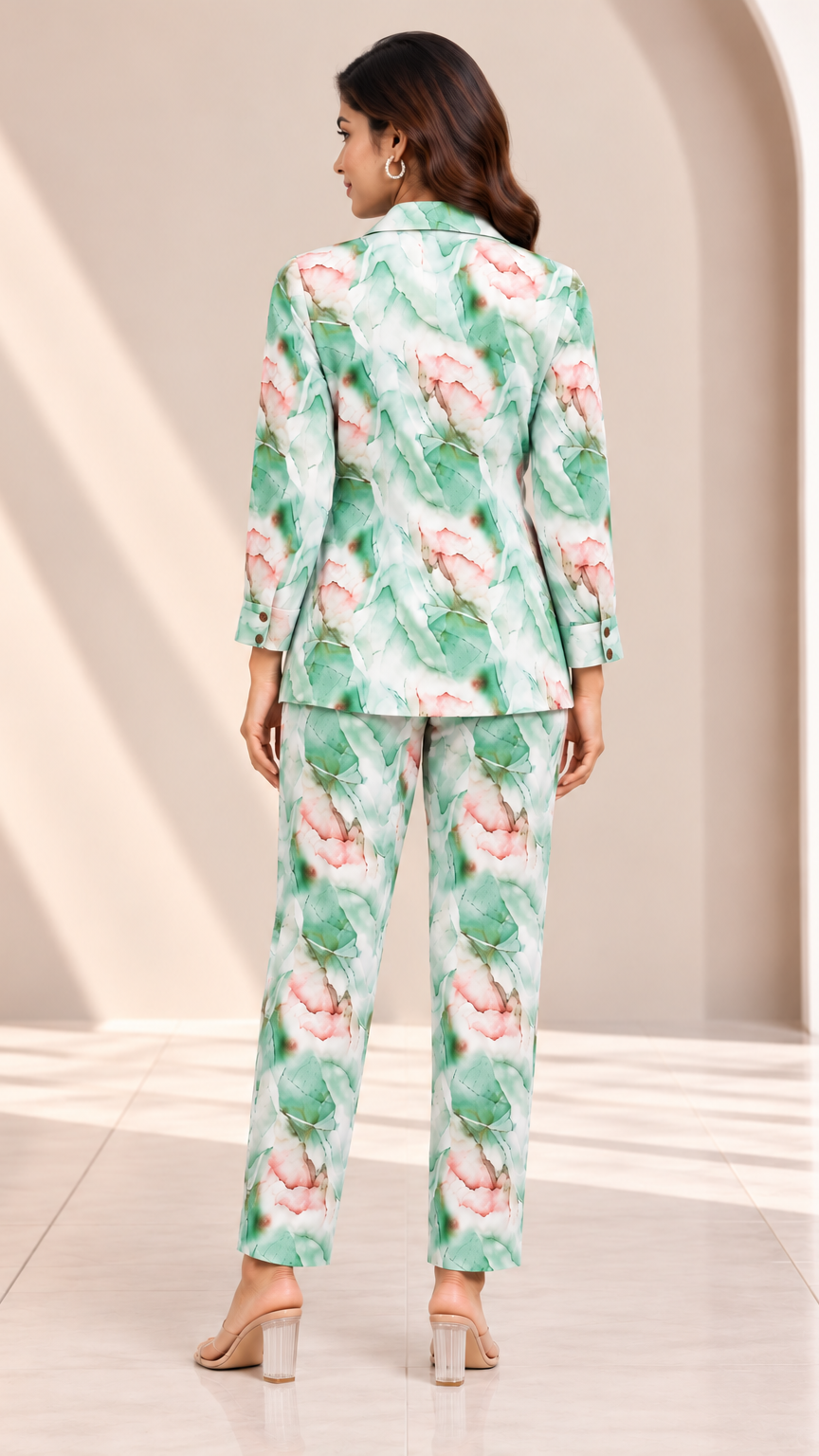 A woman stands with her back to the camera wearing a matching two-piece suit set featuring a green watercolor leaf pattern with pink floral accents, paired with beige high-heeled sandals in a brightly lit, modern interior setting.