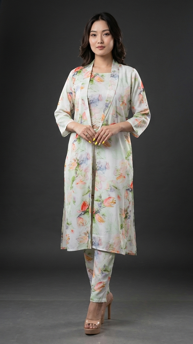 Woman wearing a floral outfit against a dark background
