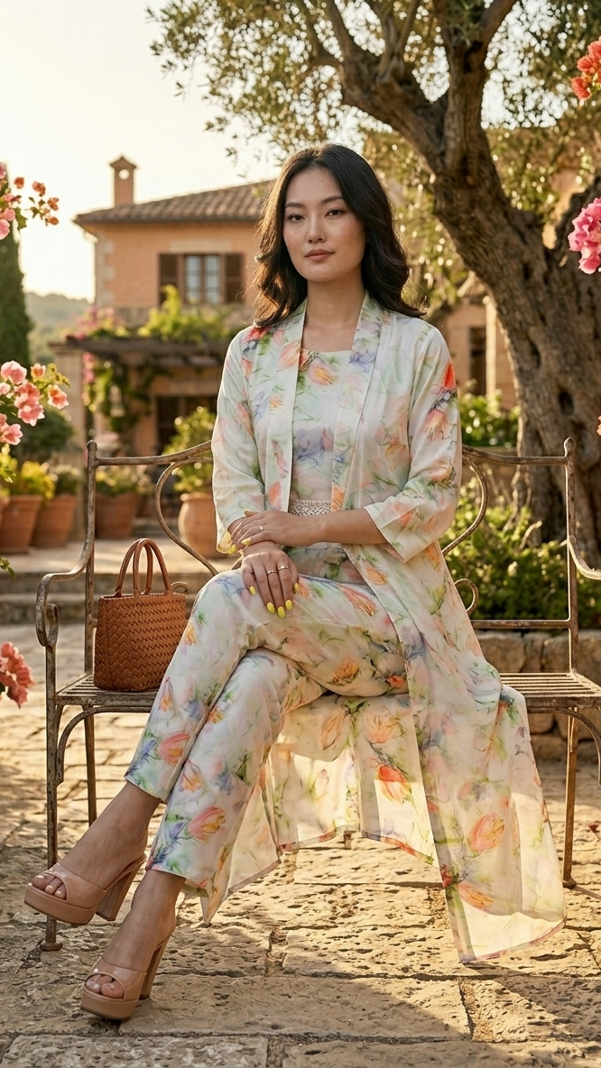 Woman in a floral outfit sitting outdoors with flowers and a building in the background