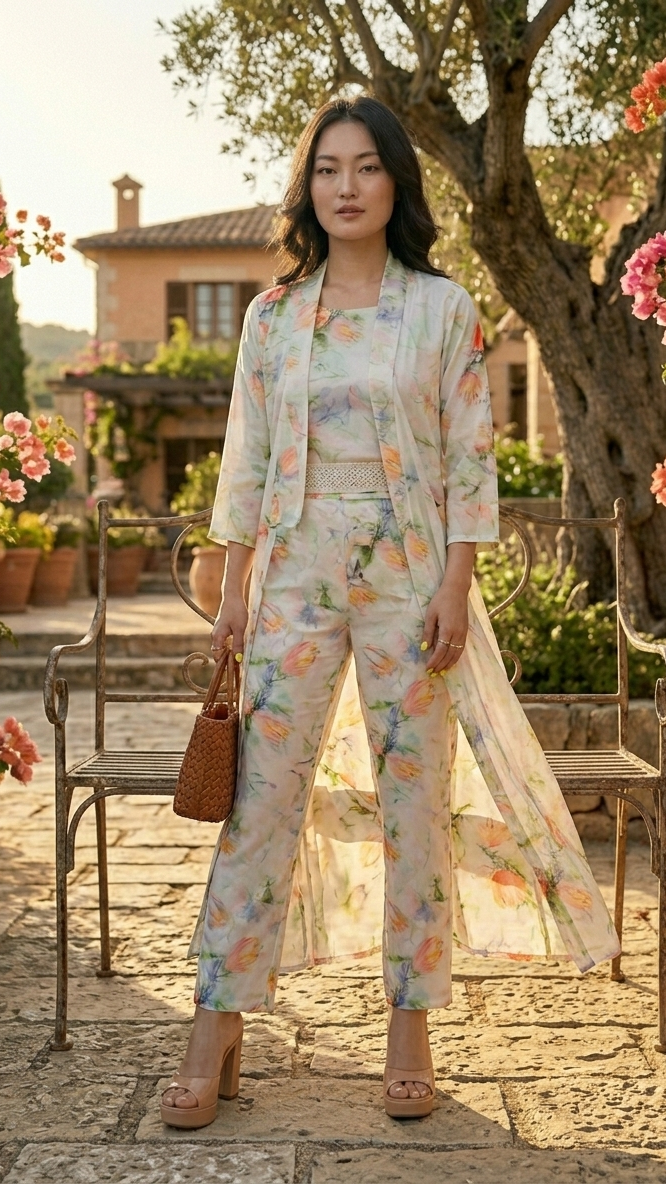 Woman in a floral outfit standing in a picturesque garden setting with flowers and a building in the background.