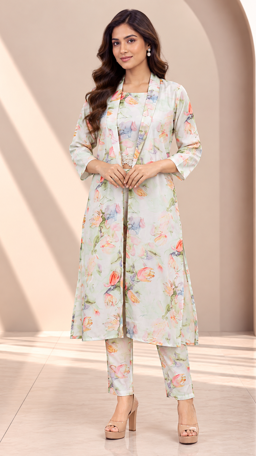 A woman models a light sage green three-piece kurta set with a colorful floral print, featuring a long open-front jacket, matching pants, and beige high heels, set against a warm beige architectural background.