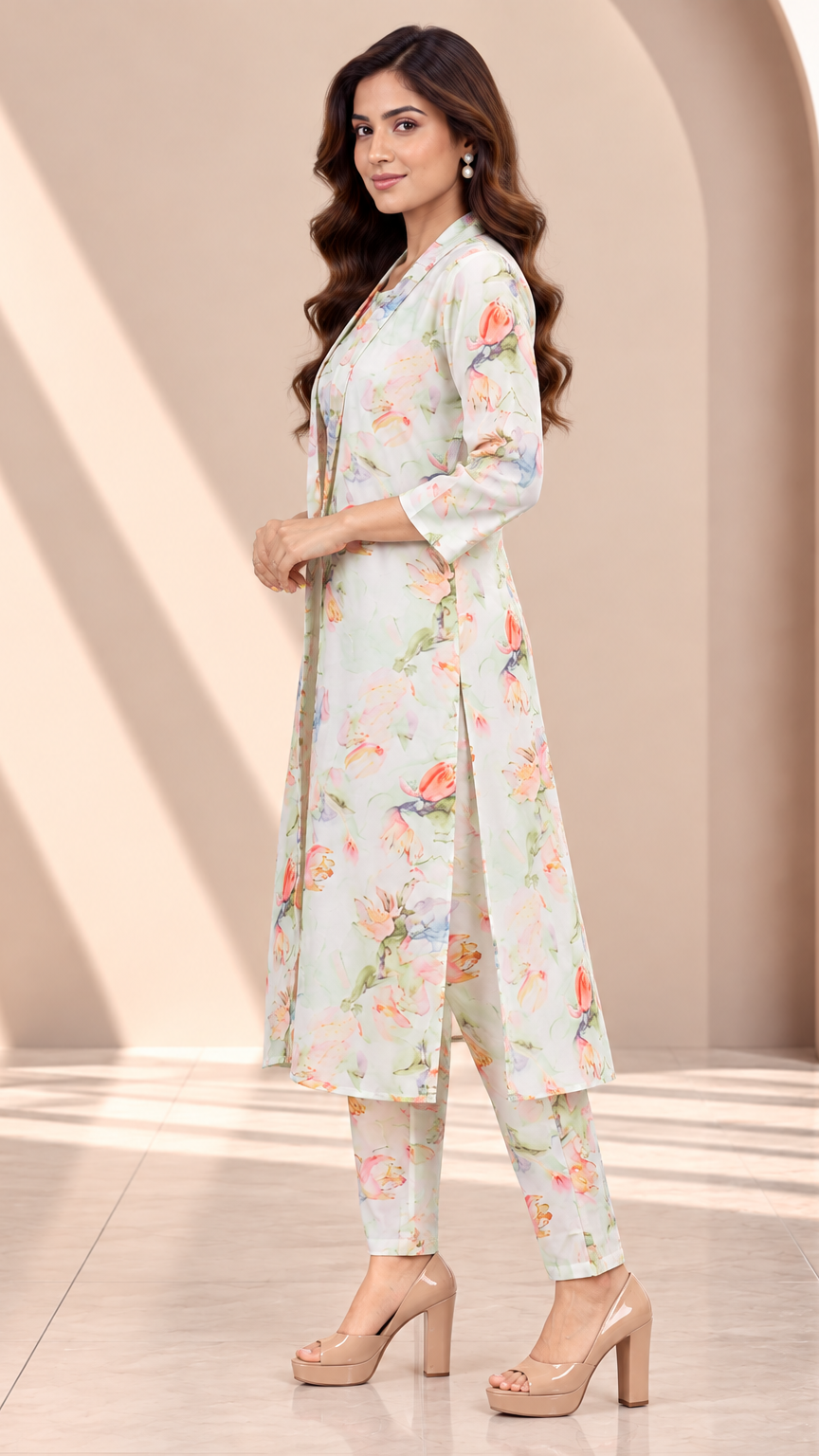 A woman models a light sage green floral printed kurta set with matching pants and beige high-heeled sandals in a studio setting with beige arches.