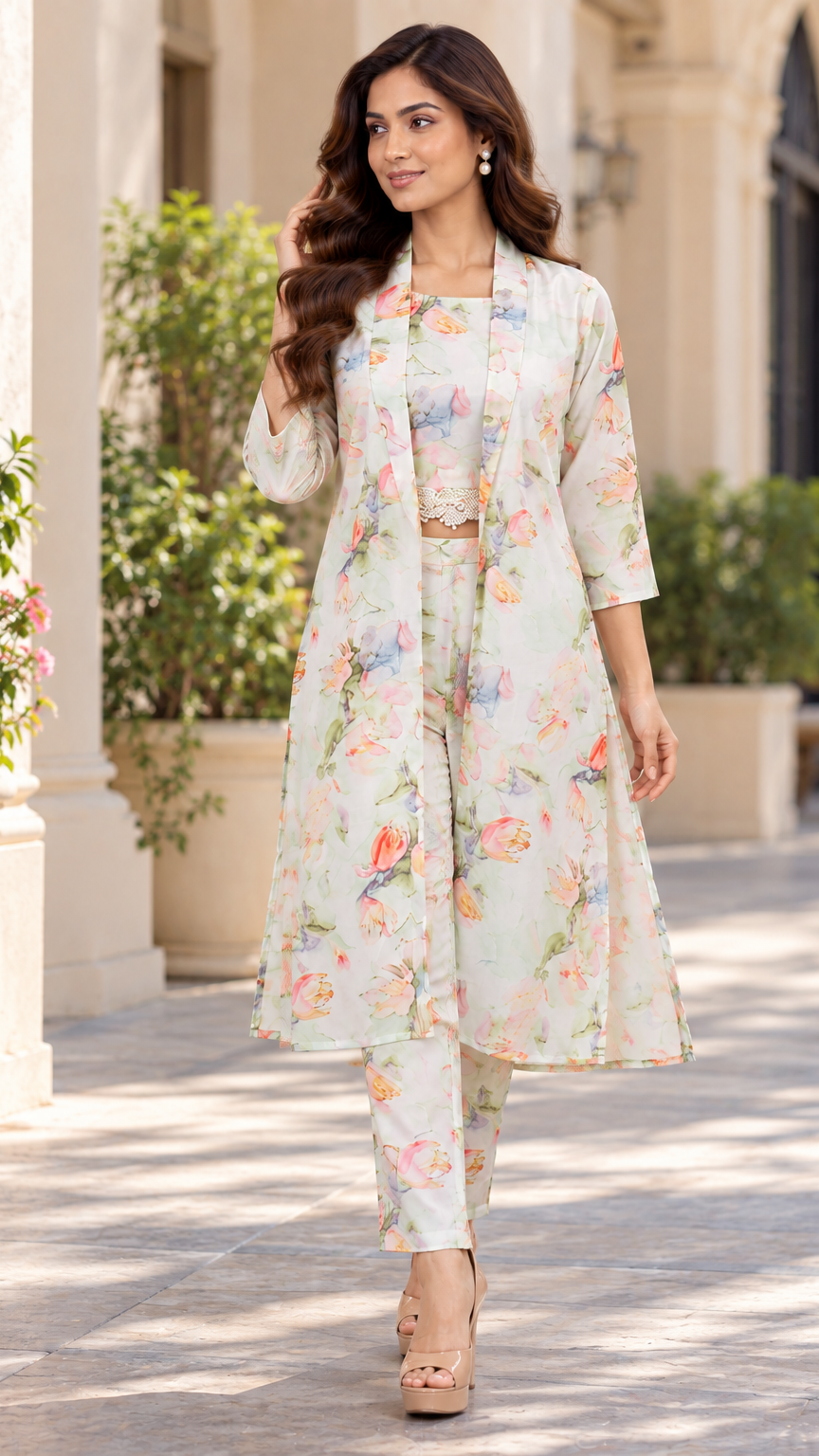 A woman models a three-piece floral printed kurta set in an outdoor corridor with classical columns. The set includes a long-sleeve kurta, matching pants, and a crop top.