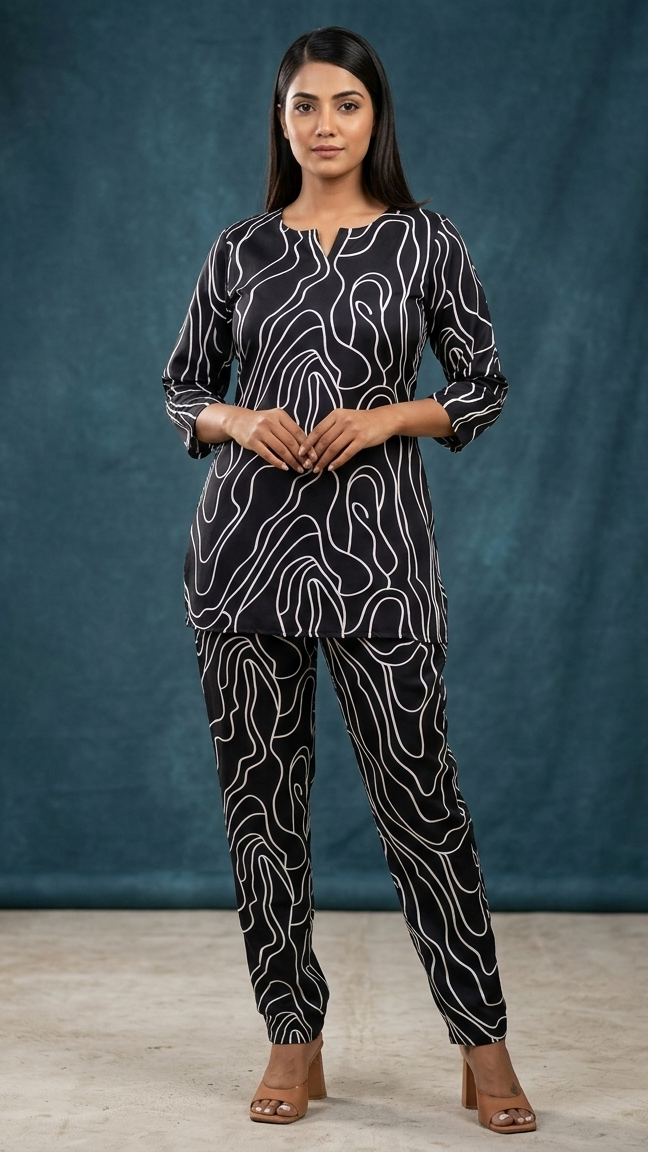 Woman wearing a black and white patterned outfit against a blue backdrop