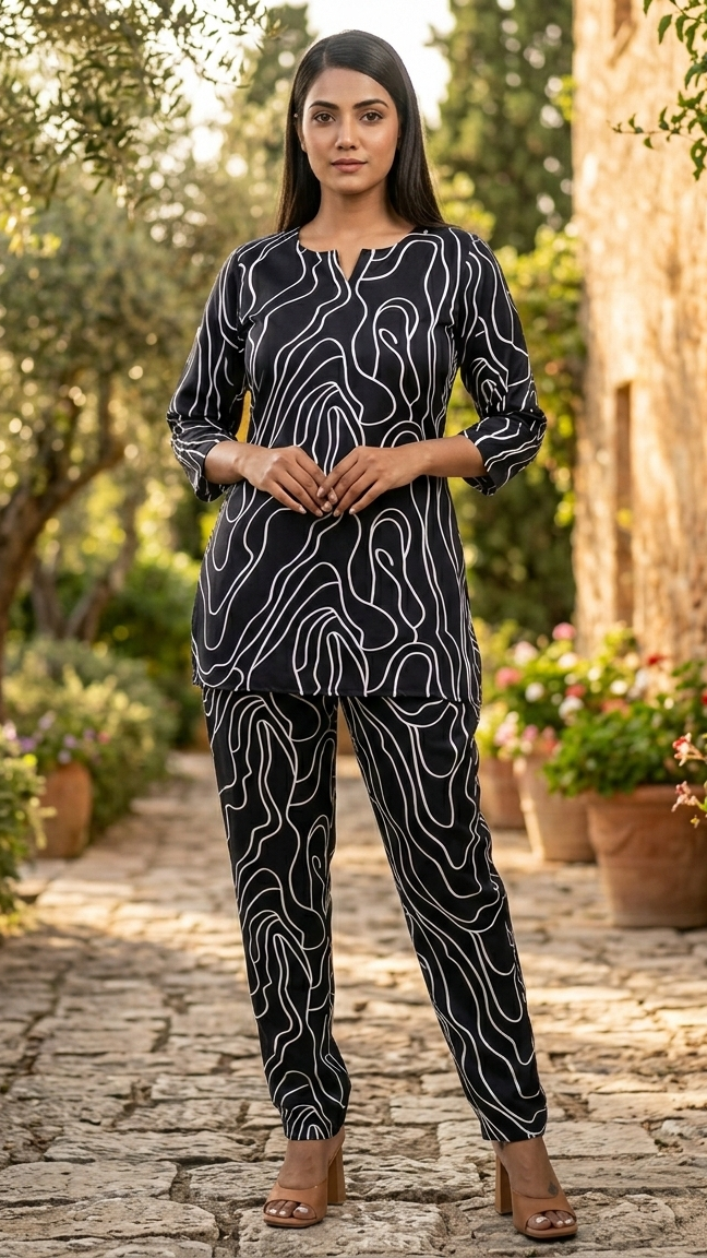 Woman wearing a black and white patterned outfit standing in a garden.