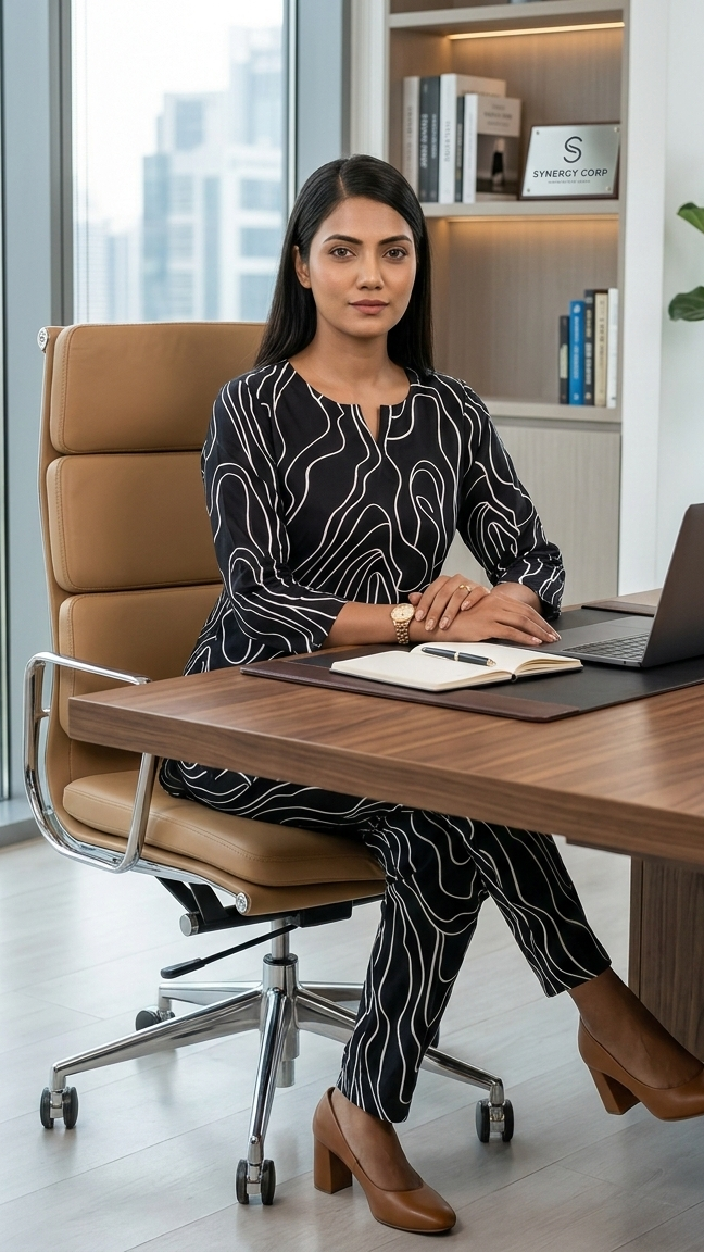 Woman sitting at a desk in an office with a cityscape view