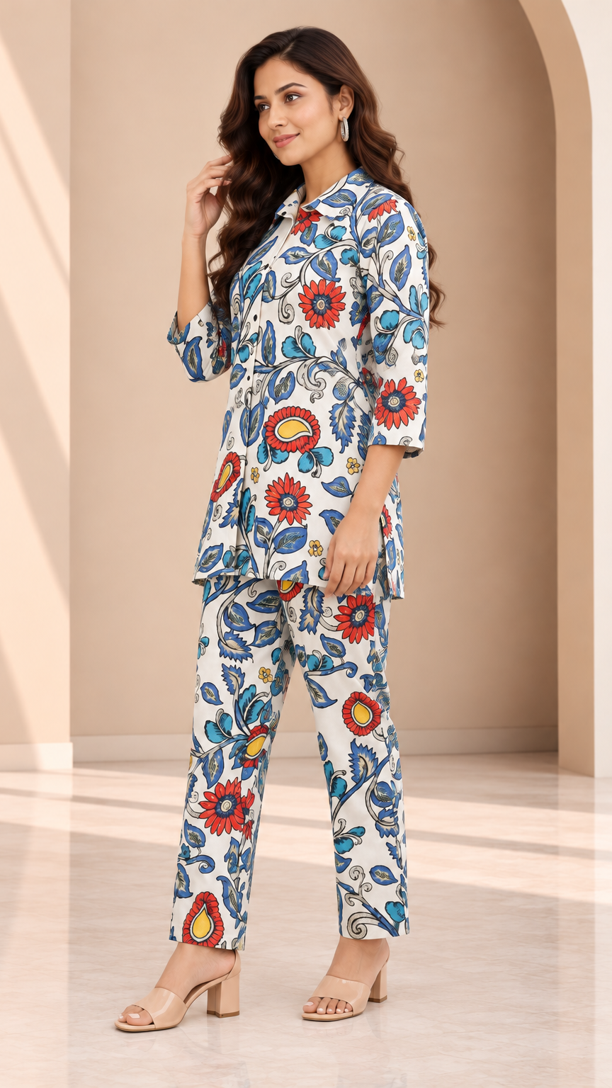 A woman modeling a matching two-piece printed kurta and trouser set in a beige arched studio setting. The set features a white base with a vibrant floral and paisley pattern in blue, red, and yellow, paired with beige heeled sandals.