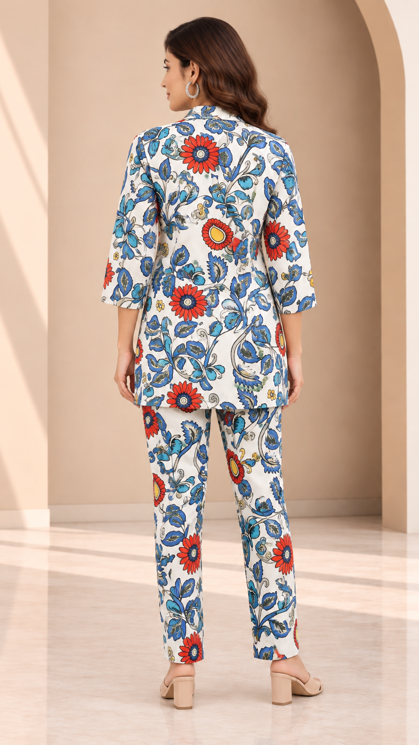 A woman shown from the back wearing a matching two-piece printed outfit with a white base and bold floral and paisley motifs in blue, red, and orange, standing in a warm beige interior with an archway.