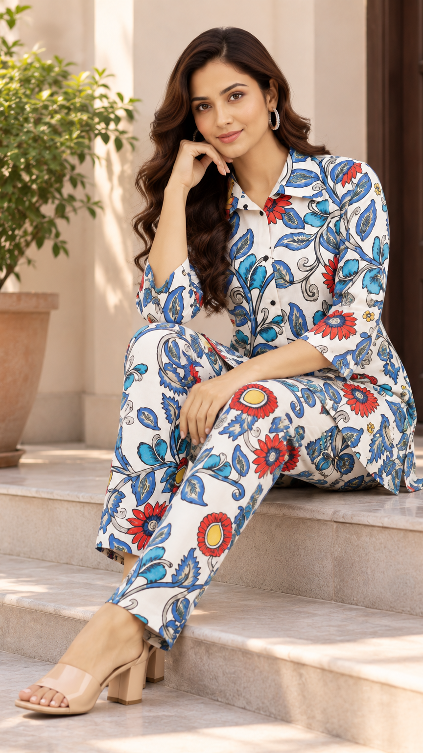 A woman sits on stone steps wearing a matching printed two-piece outfit with a white base and blue, red, and yellow floral motifs. The setting includes a potted plant and a doorway in a warm architectural environment.