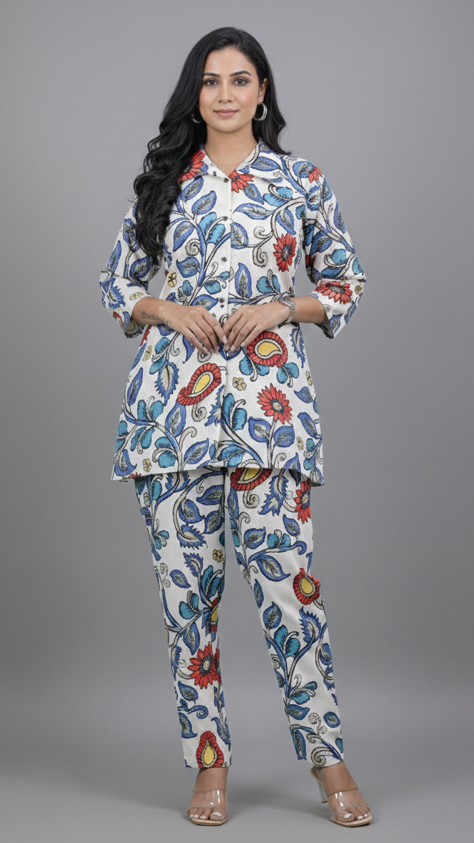 Woman wearing a floral patterned outfit on a gray background
