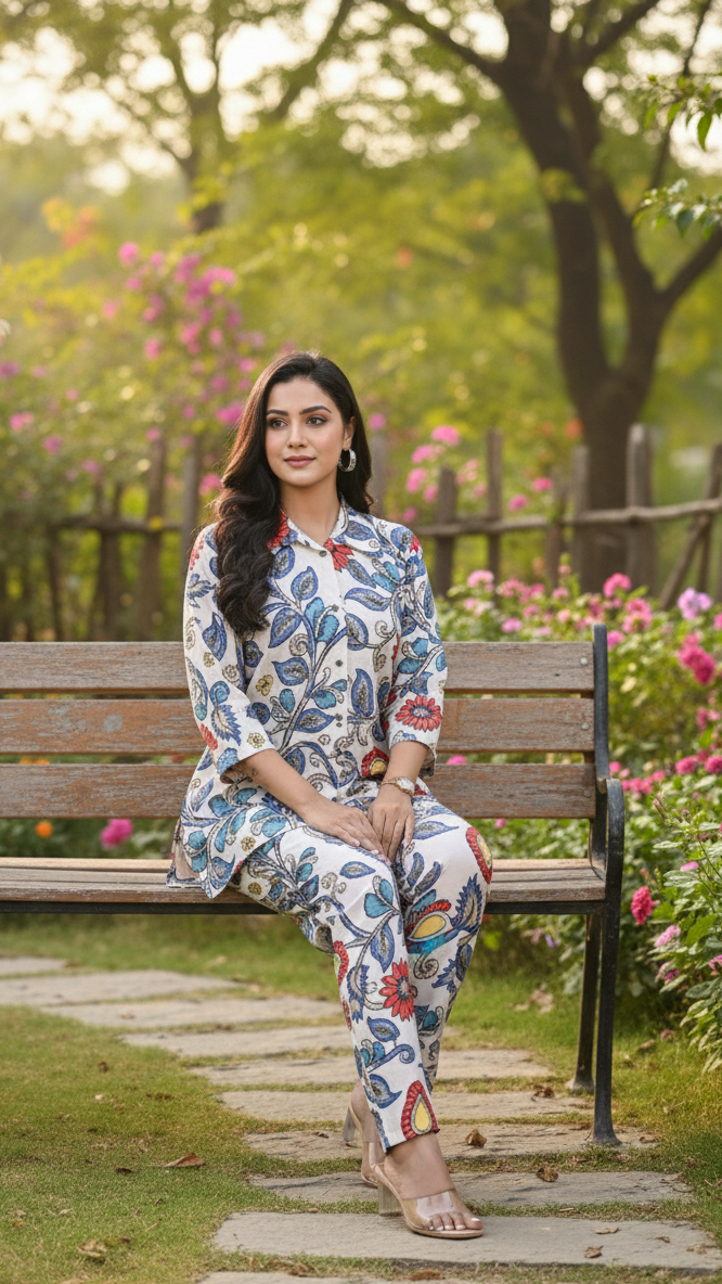 Woman sitting on a bench in a garden with flowers and trees in the background