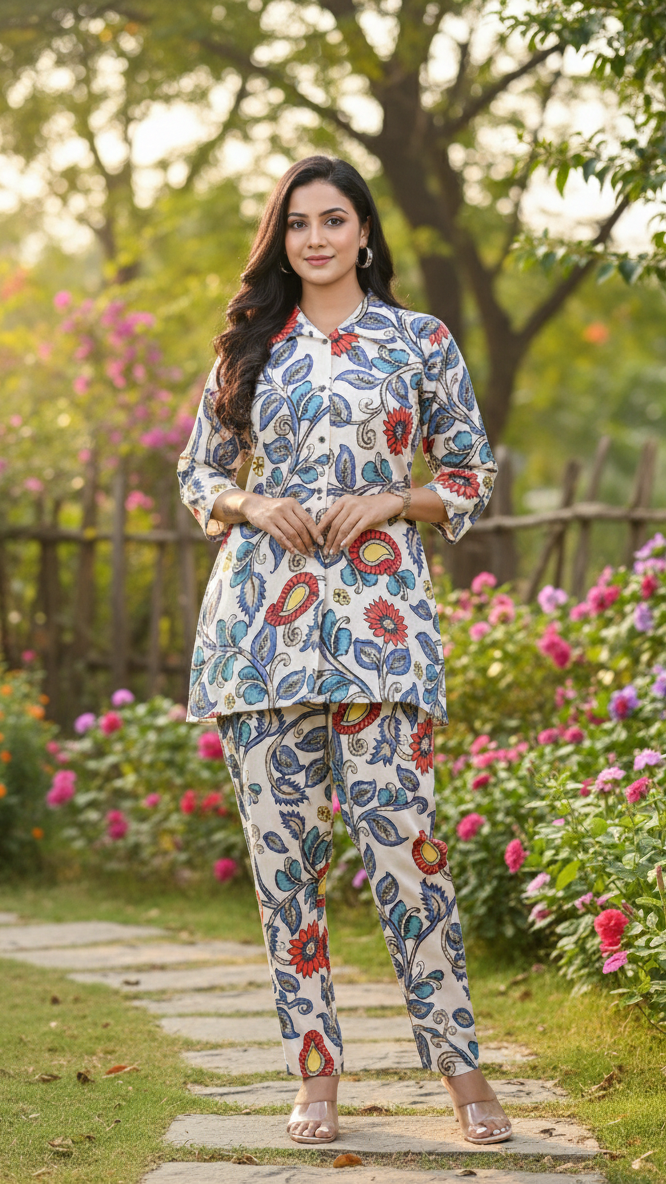 Woman in a floral outfit standing in a garden with flowers and trees in the background