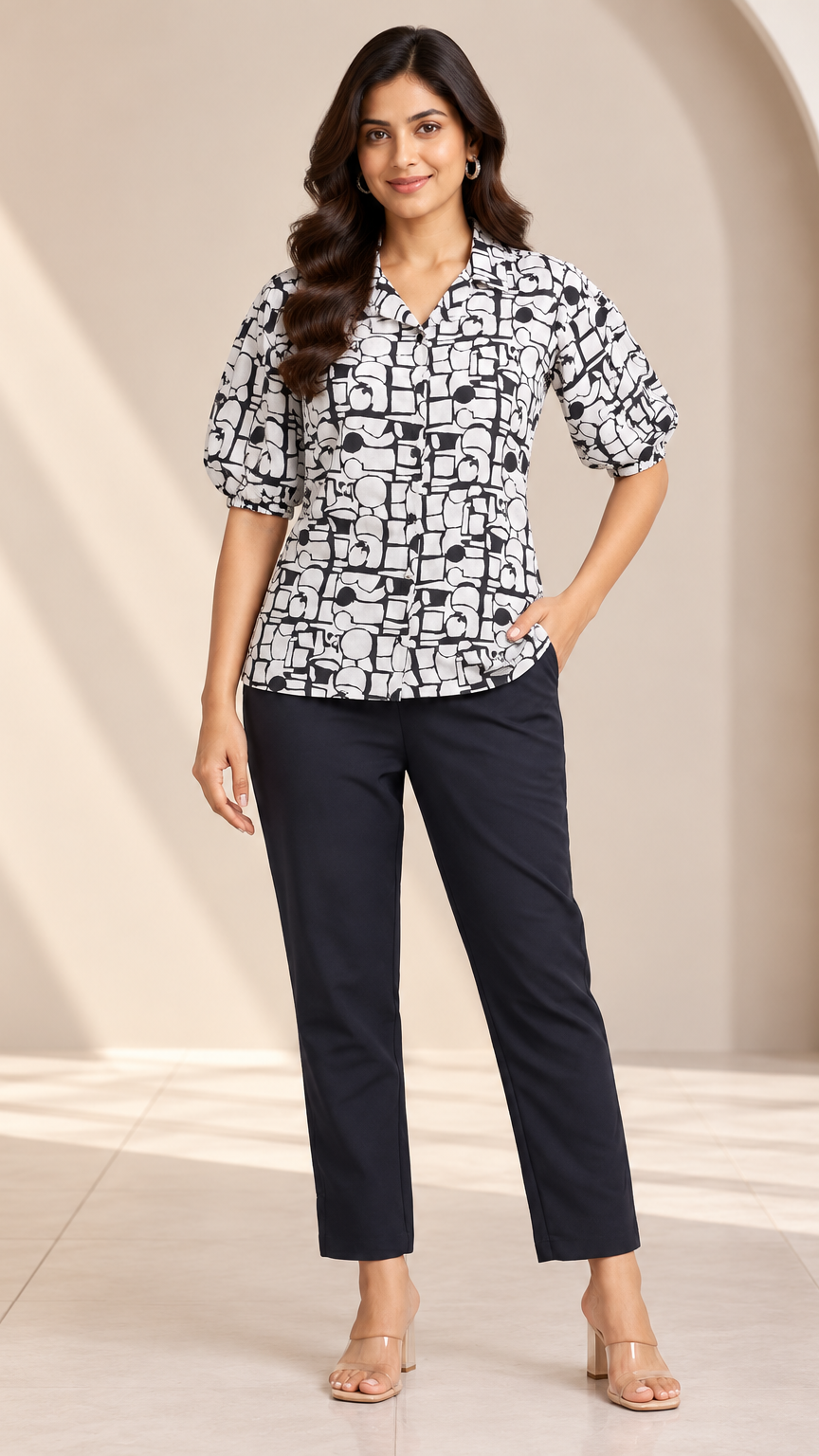 A woman modeling a short-sleeve button-up blouse with a black and white geometric pattern, paired with dark navy cropped trousers and clear high-heeled sandals, standing in a warm beige architectural setting.