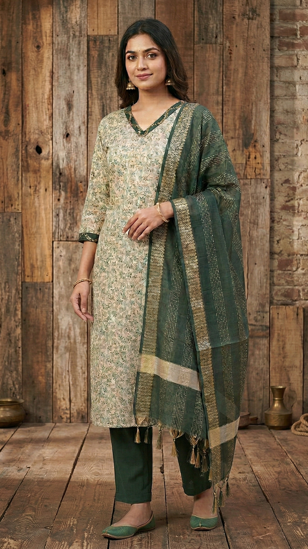 Woman wearing a green and white traditional outfit against a rustic wooden wall.