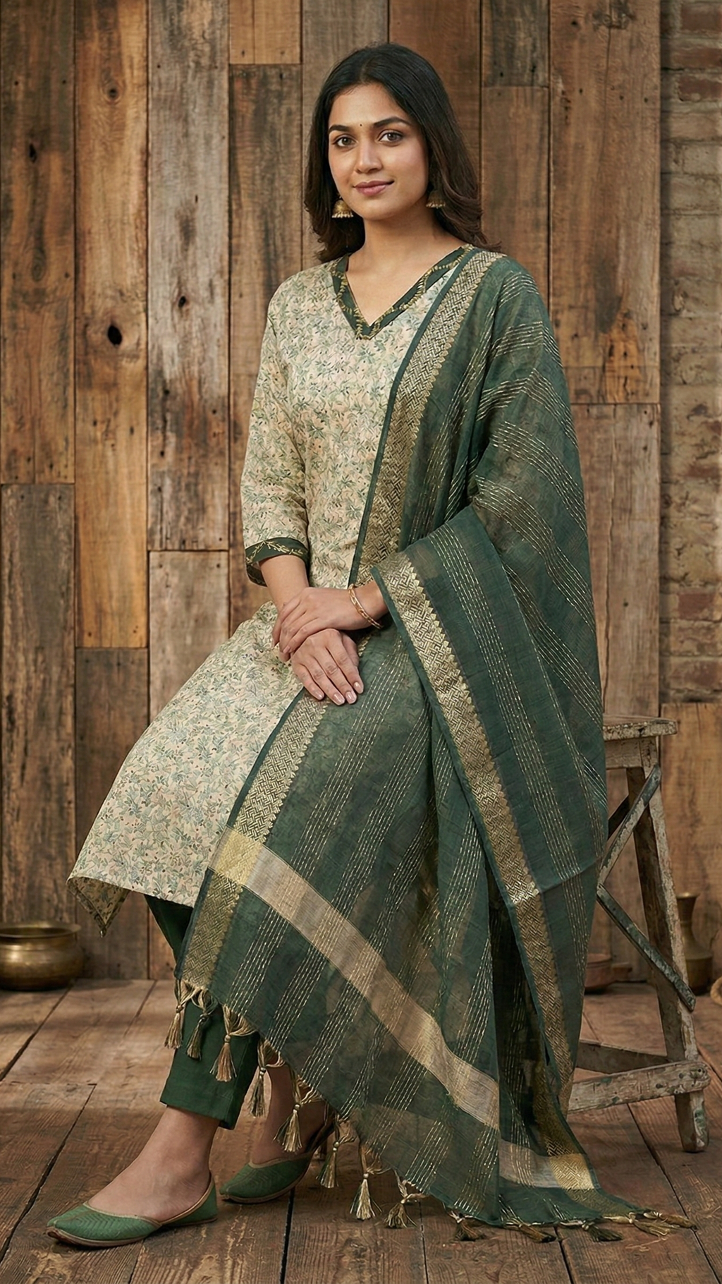 Woman in a green and beige traditional outfit standing against a wooden wall.