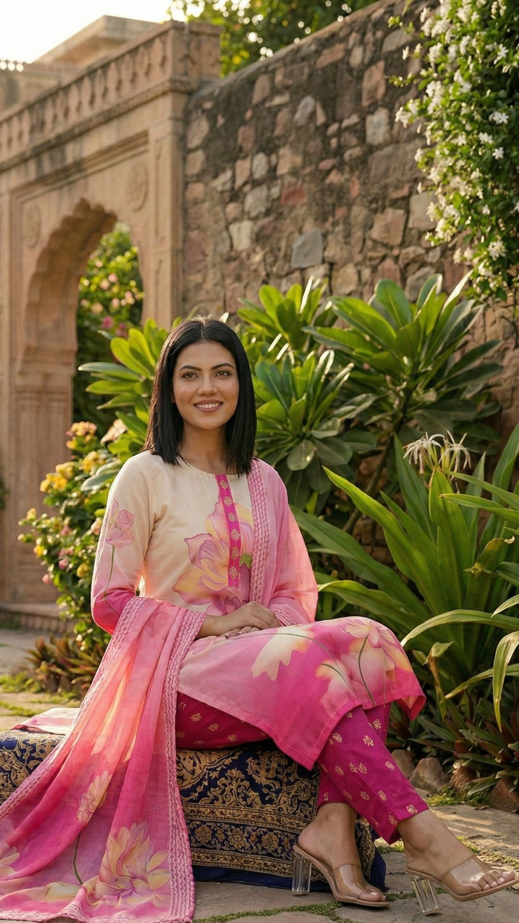 Woman in a pink traditional outfit sitting in a garden with stone architecture.