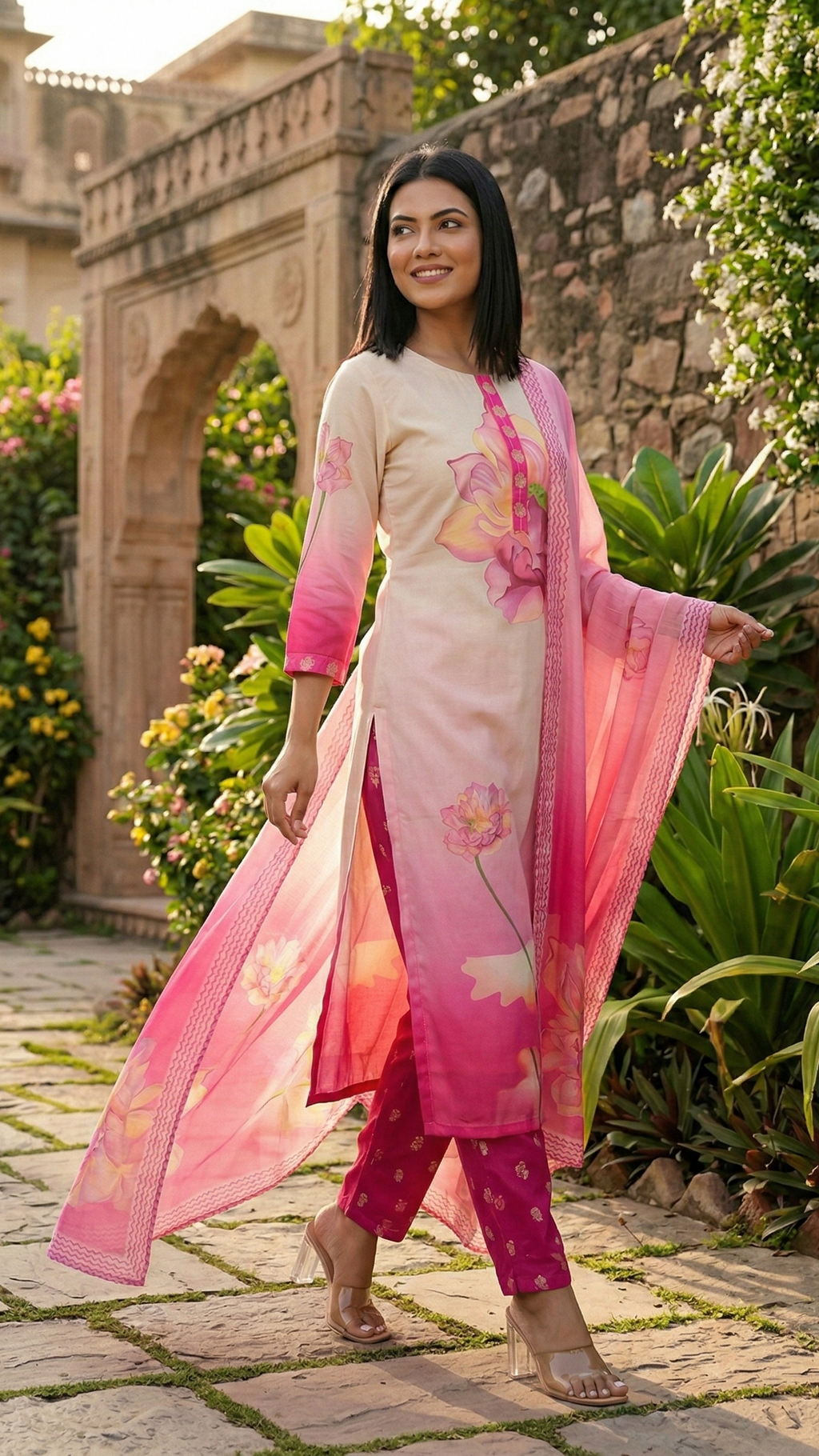 Woman in a traditional outfit with floral patterns standing in a garden.