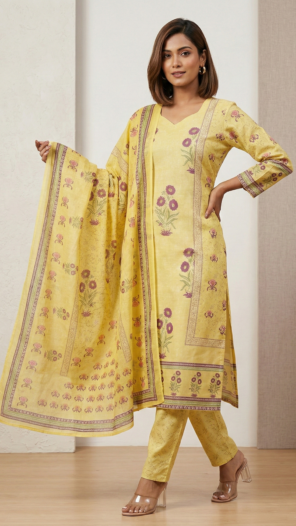 Woman wearing a yellow embroidered outfit with a matching dupatta in a minimalistic setting.