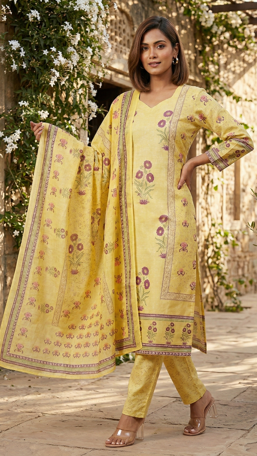 Woman in a yellow traditional outfit with floral patterns standing outdoors.
