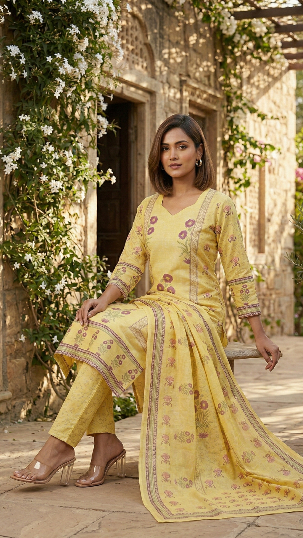 Woman in a yellow traditional outfit sitting outdoors with floral decorations.